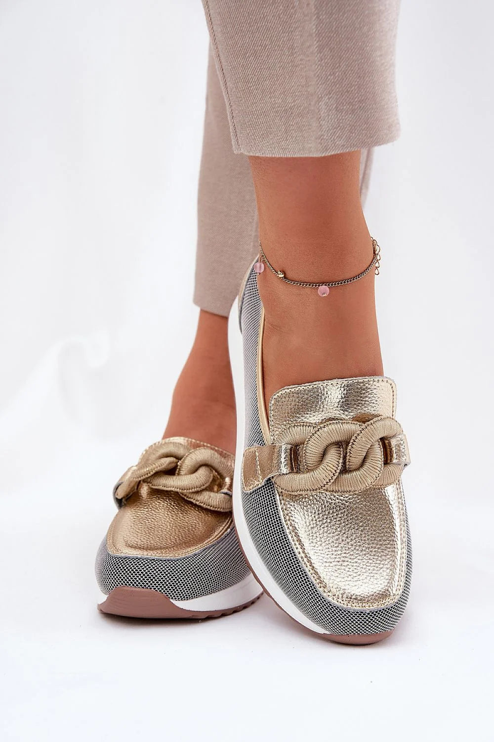 Mocassins pour femmes style élégant mixte cuir textile doré argenté bout arrondi chaîne-detail plateforme confort occasion quotidienne élégante
