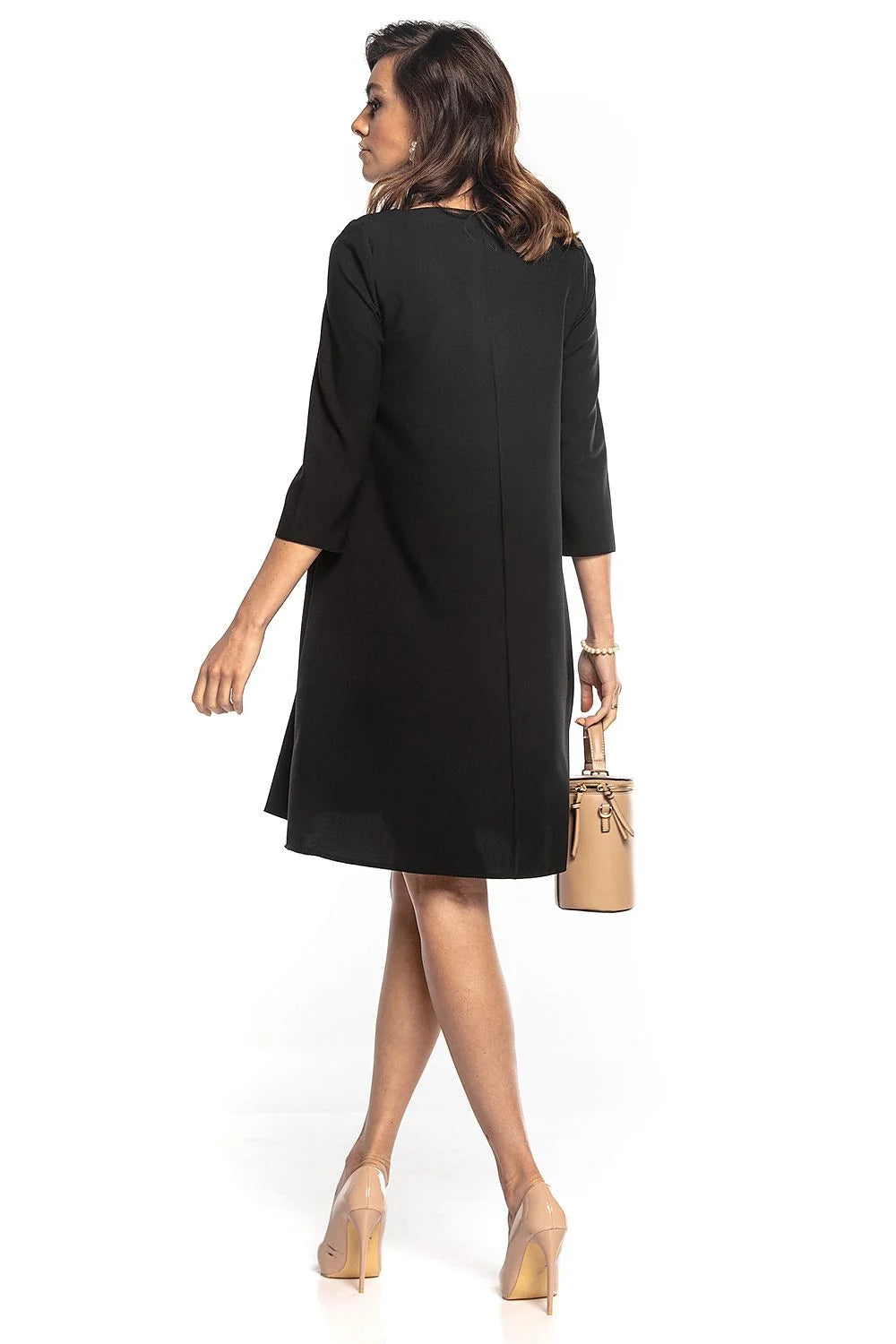 Robe élégante polyester noir coupe évasée manches 3/4 encolure V ceinture boucle mode femme
