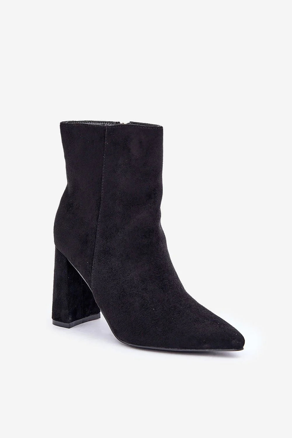 bottines cheville femme suédine écologique noir talon bloc stable bout pointu fermeture éclair latérale dorée coupe épurée silhouette élégante allongeante