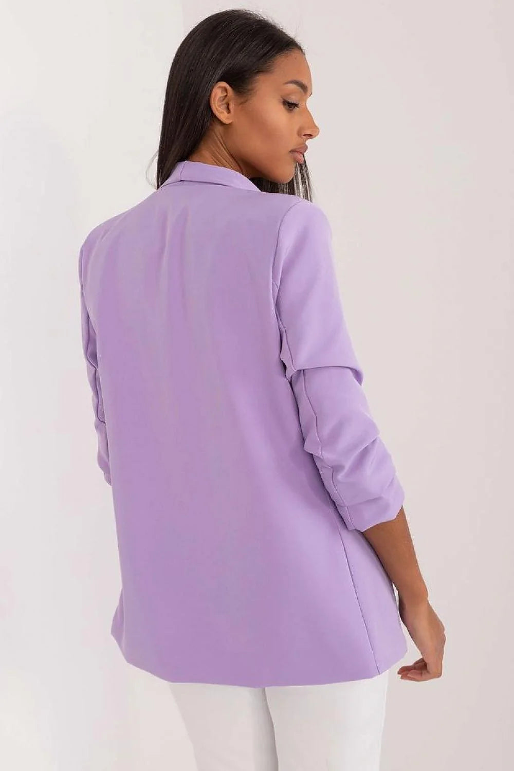 Veste pour femme élégante en polyester doux couleur lilas longueur hanches col châle sans boutons poches rabat