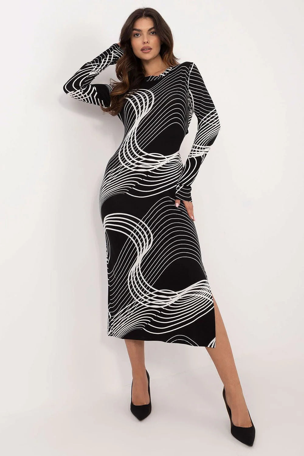 Robe midi noire moulante motifs graphiques blancs manches longues encolure ronde femmes robe semi-formelle occasionnels