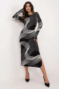 Robe midi noire moulante motifs graphiques blancs manches longues encolure ronde femmes robe semi-formelle occasionnels