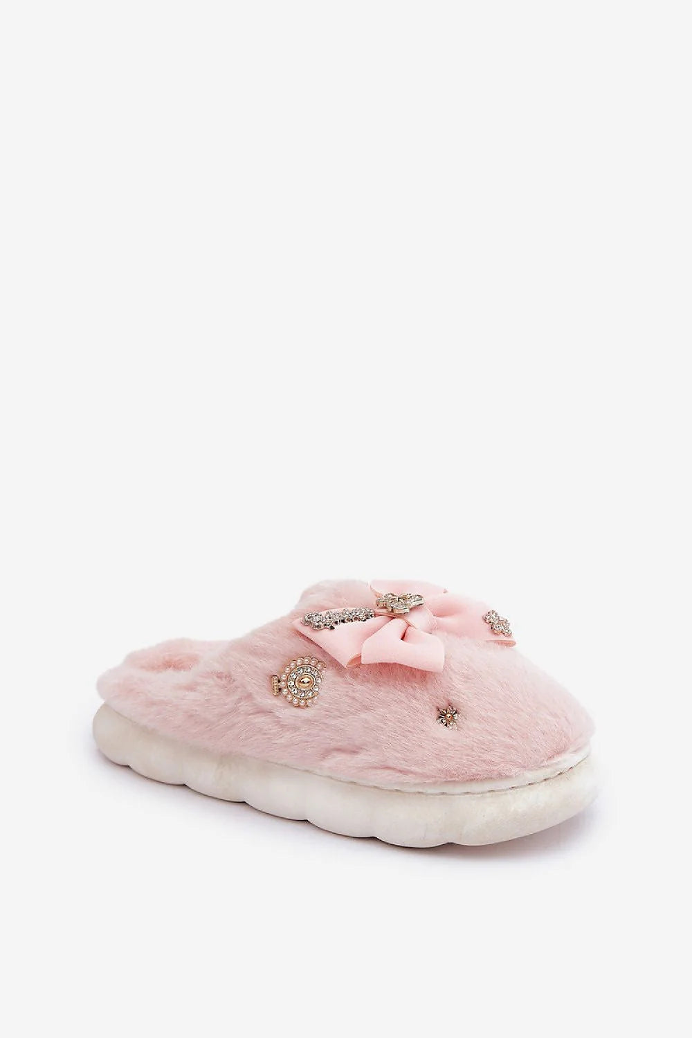 Pantoufles en fourrure femelle style élégant confortable rose pastel nœud strass fleurs tissu doublure semelle fourrure 3 cm