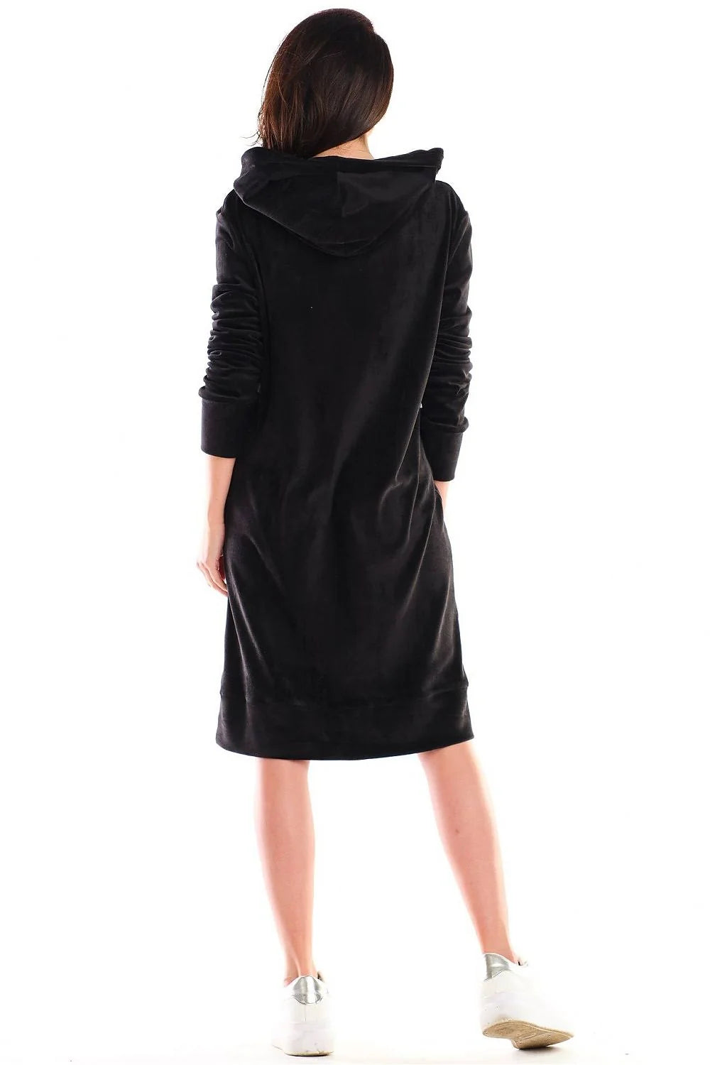 Robe à capuche noire polyester élasthanne décontractée manches longues poche kangourou élégance moderne femmes