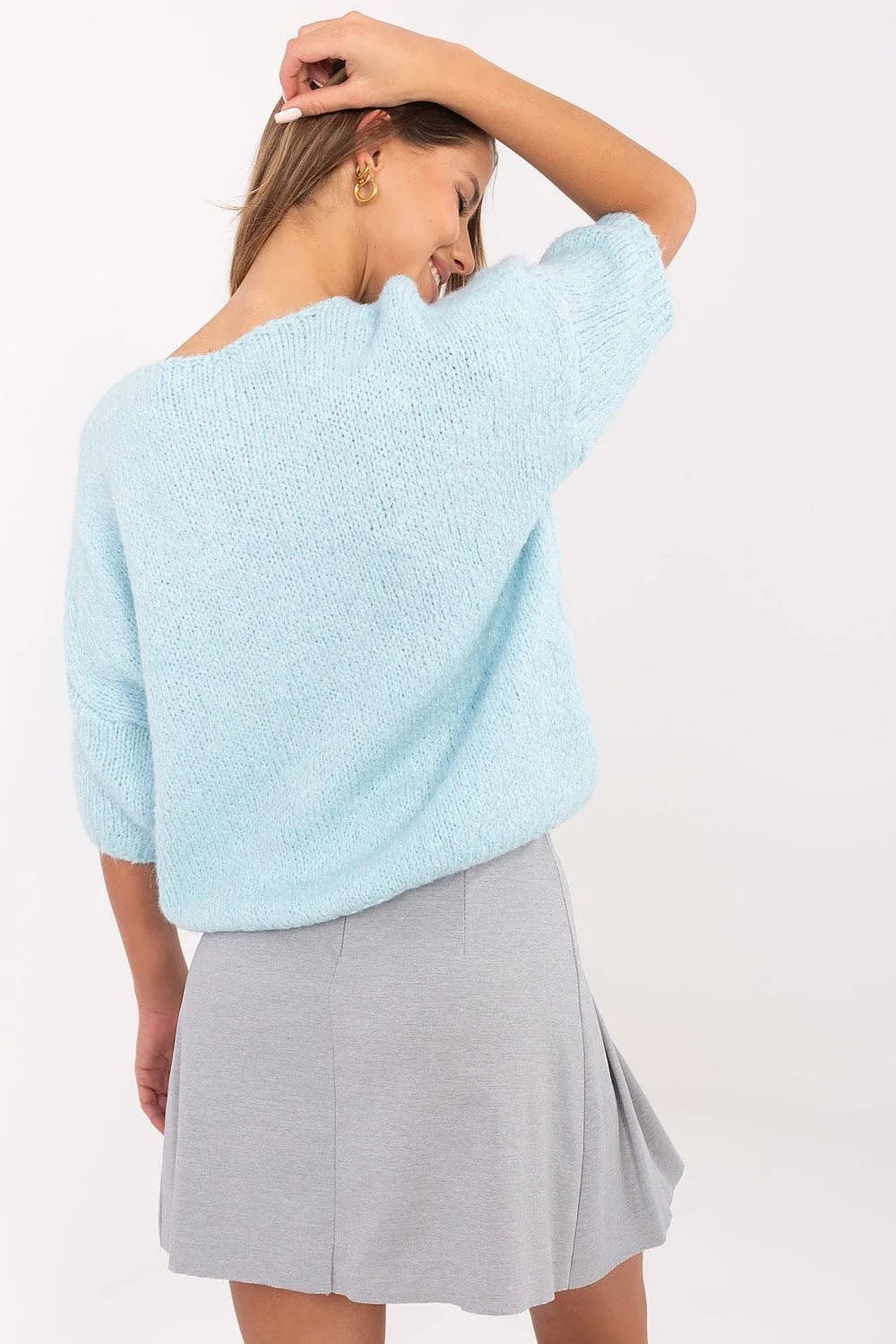 Pull à manches courtes élégant pour femme en laine acrylique bleu pastel coupe ample col V décontracté mode printemps été