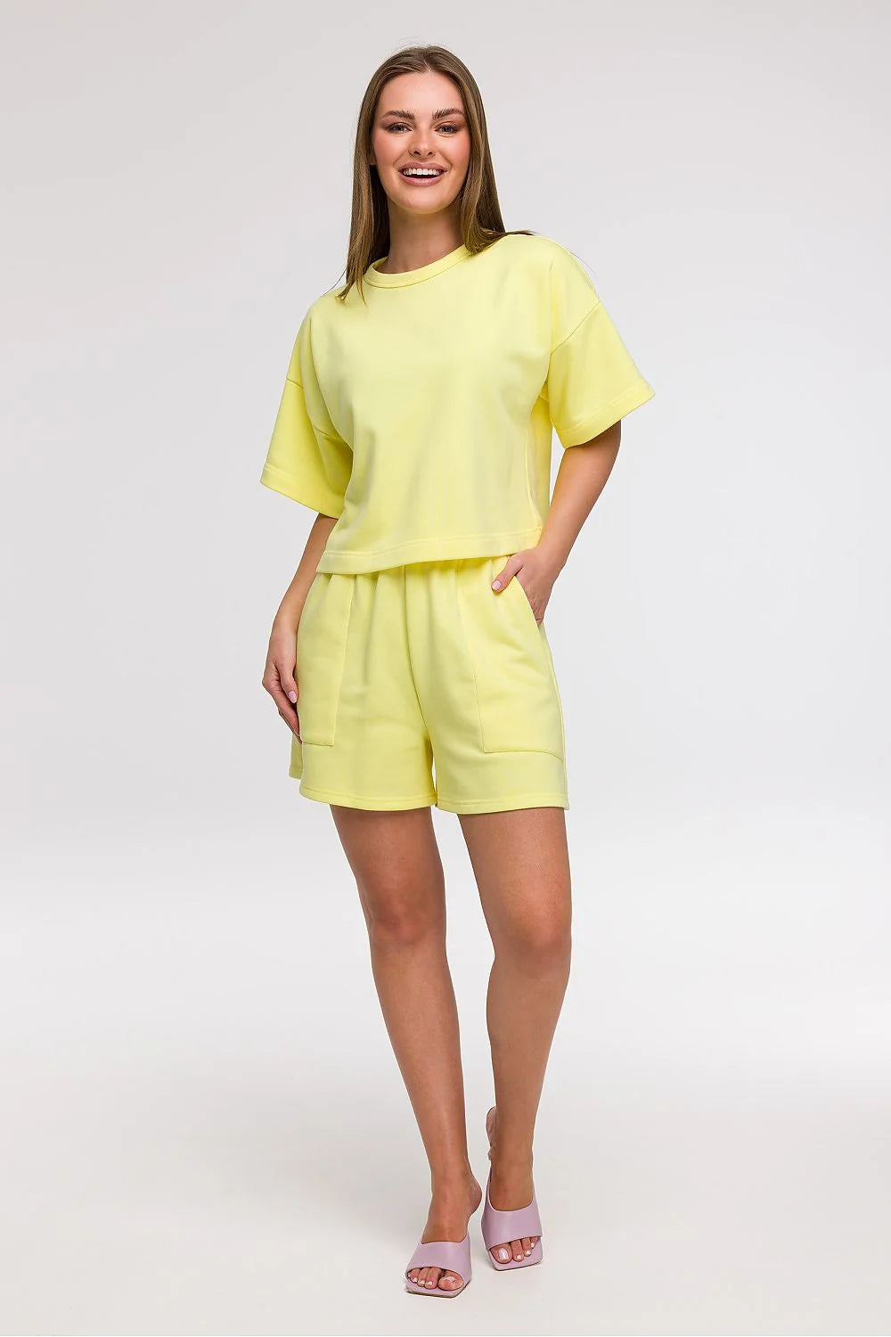 sweatshirt BeWear femme crop court boxy ample manches courtes col rond jaune pastel molleton léger doux