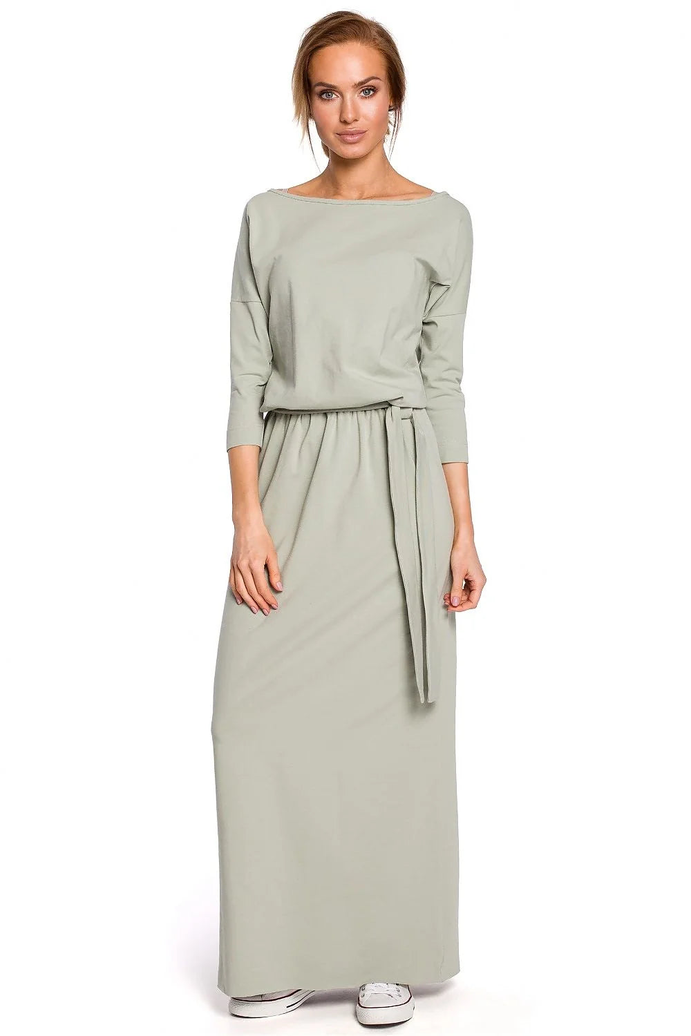 Robe de jour Moe longue manches 3/4 coupe droite coton élasthanne ceinture assortie femme tailles S/M à 2XL/3XL