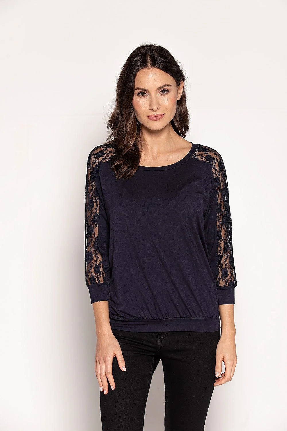 Chemisier ample viscose élasthanne bleu marine dentelle élégant confortable printemps été femme moderne