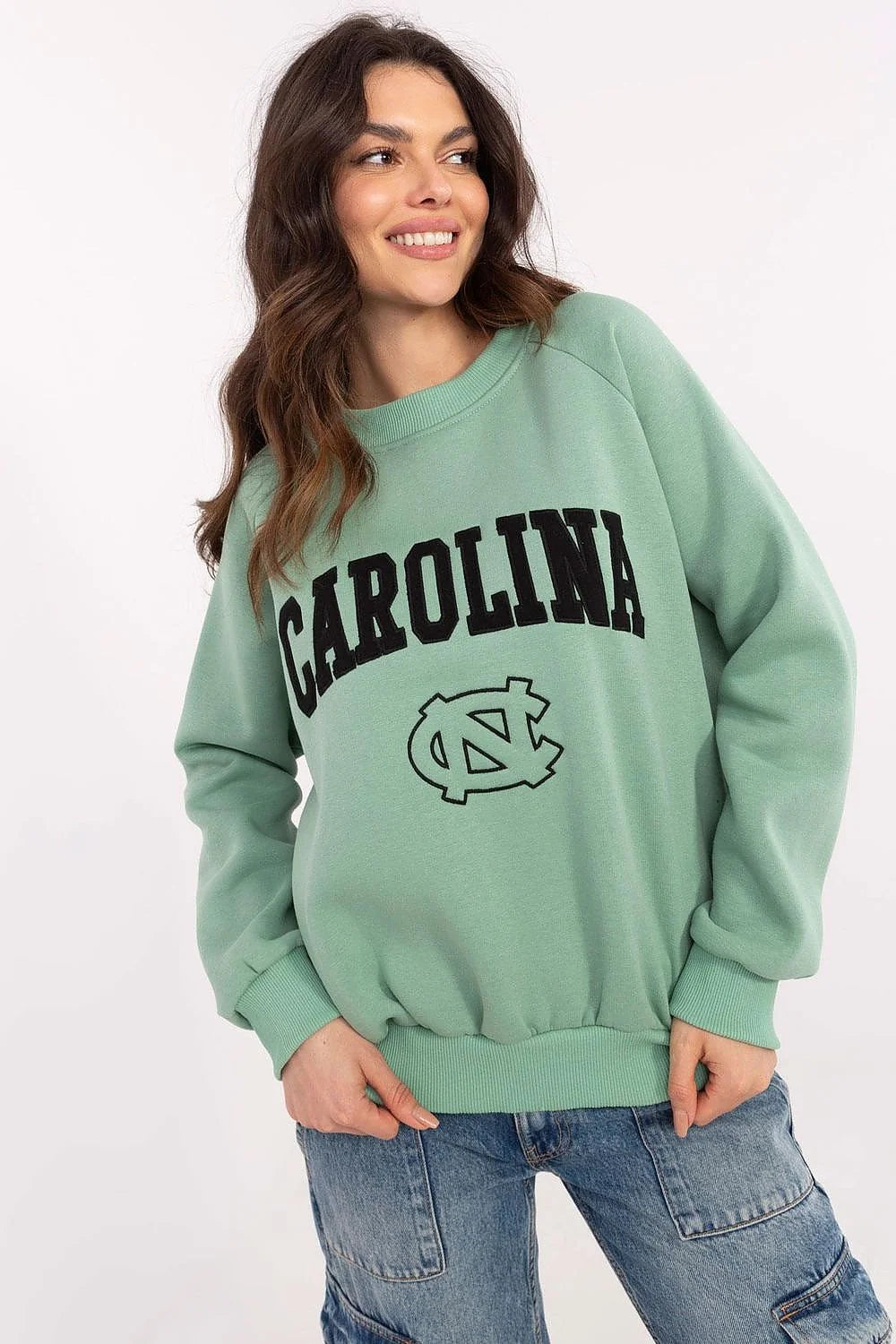 Sweatshirt pour femme Carolina vert menthe style universitaire coton longues manches raglan col rond sport casual