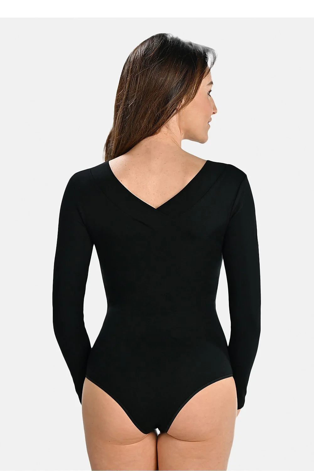 Body féminin élégant manches longues couleur noire design épuré coupe ajustée encolure V profonde matériau confortable