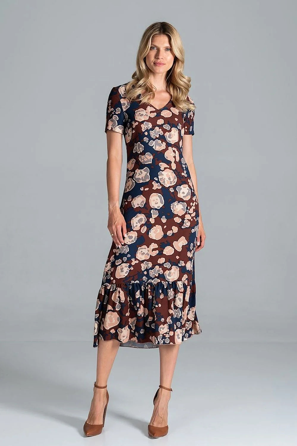 robe jour élégante colorée viscose fluide midi manches courtes encolureV taille marquée bas volanté imprimée multicolore bohème chic