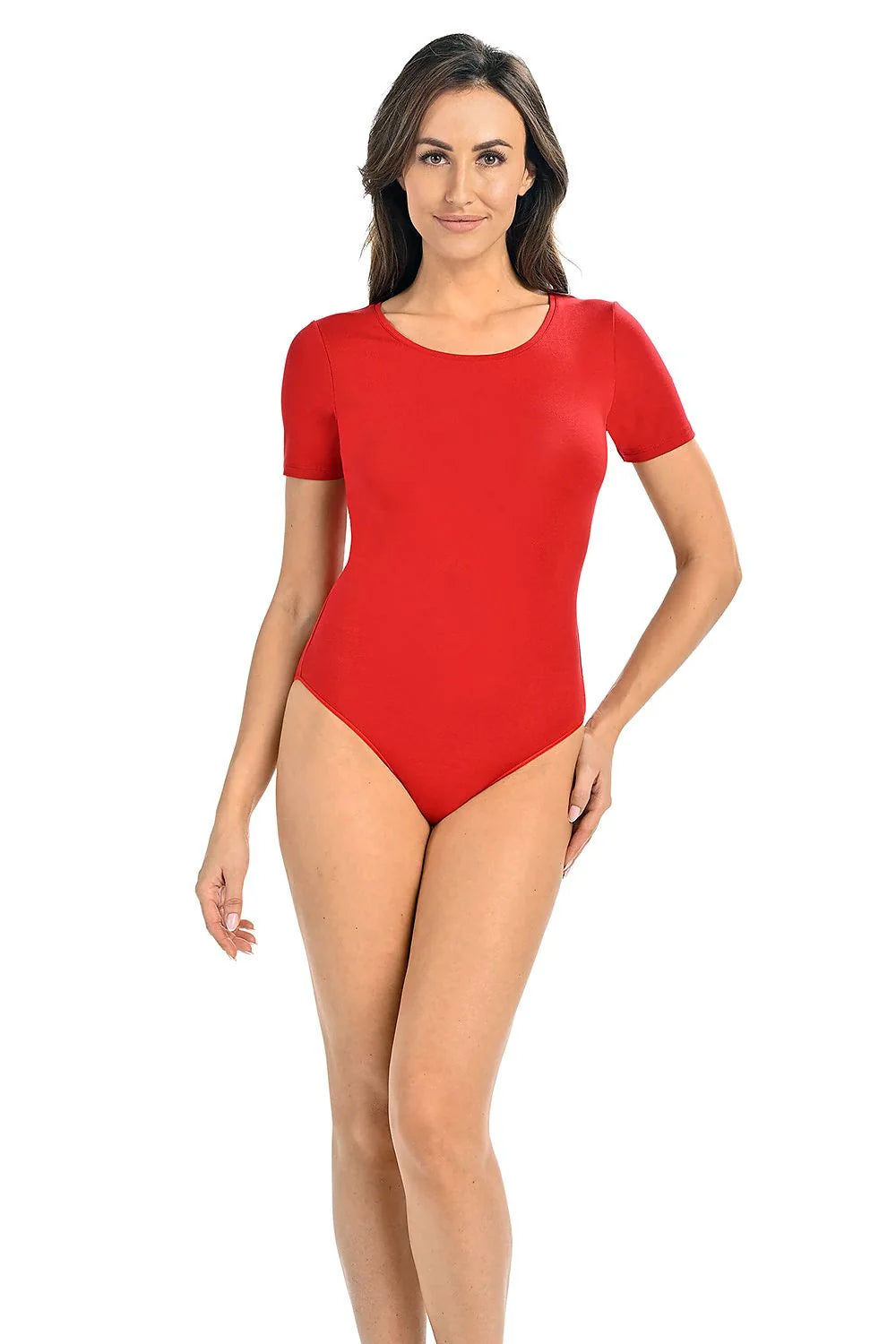 Body pour femme en rouge en viscose élasthanne, neckline arrondie, manches courtes, élastique aux jambes