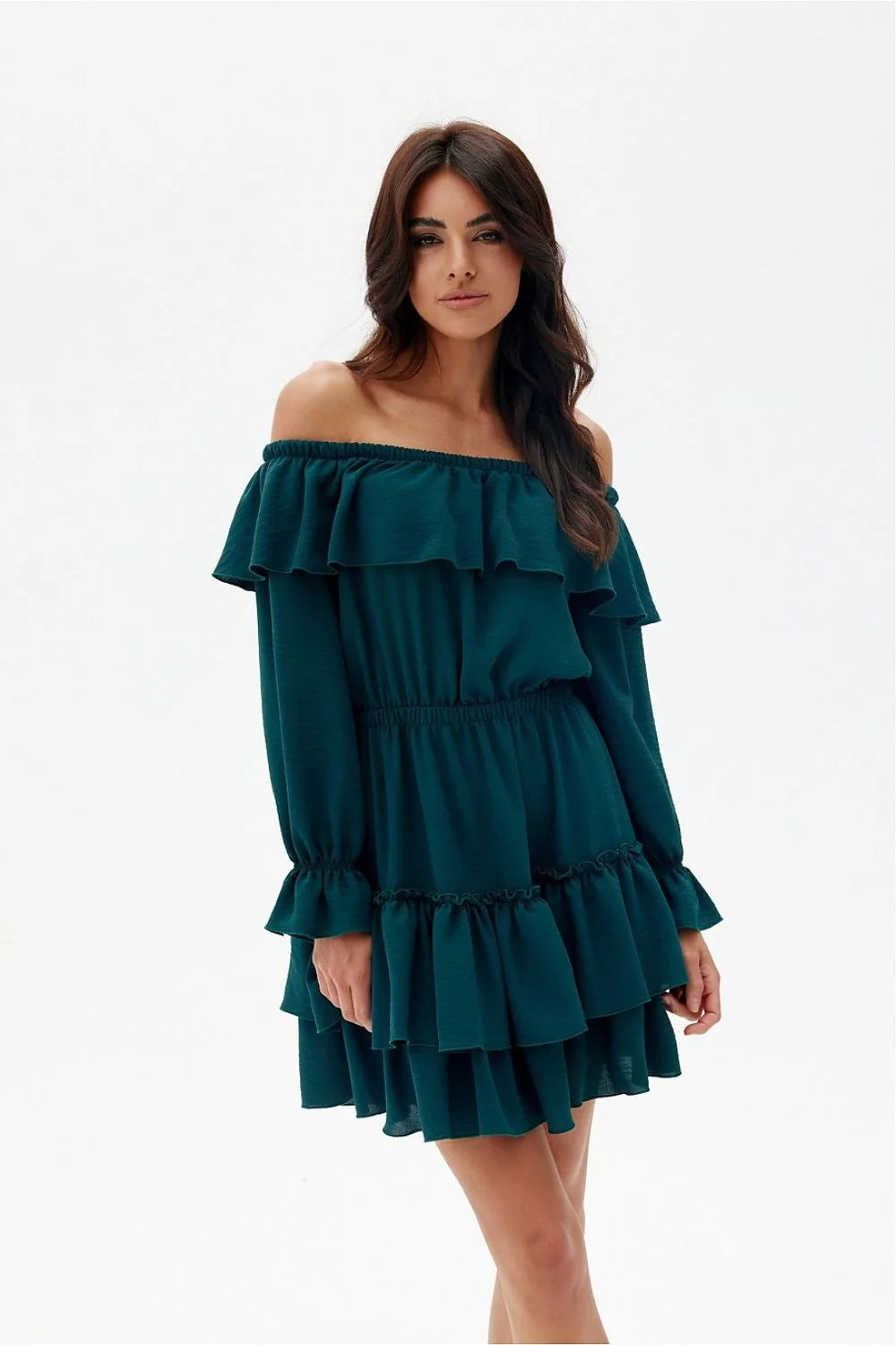 Robe de jour Roco Fashion style espagnol volants multiples encolure Bardot taille ajustable couleur bleu-vert femme