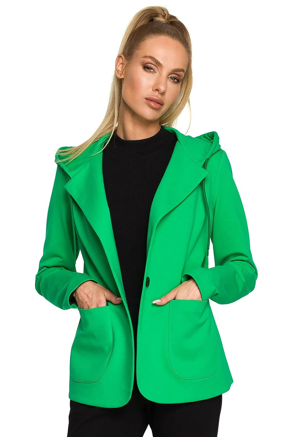 Veste blazer femme Moe en coton élasthanne tricotée hooded poches vert vif modern chic