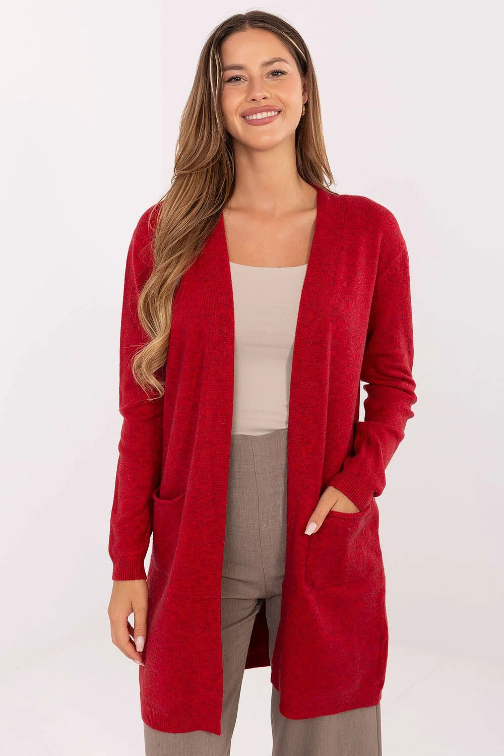 cardigan long femme ouvert rouge maille douce manches longues poches plaquées bords côtelés coupe relaxed mi cuisses polyvalent