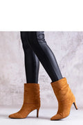 bottes talons stiletto camel suédé cognac mi mollet plissé slouch pointu élancé urbain chic rétro contemporain confortable polyvalent