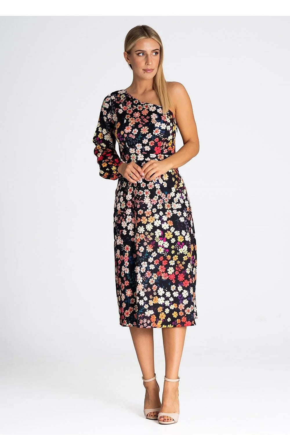 Robe cocktail asymétrique une épaule imprimé floral multicolore femme taille ajustée polyester elasthanne soirée élégance