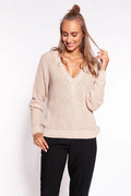 Pull femme élégant col V profond coupe relaxée texture côtes beige neutre coton acrylique 50 50