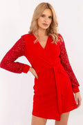 Robe courte Italy Moda élégante manches longues paillettes couleur rouge taille ajustable soirée fête