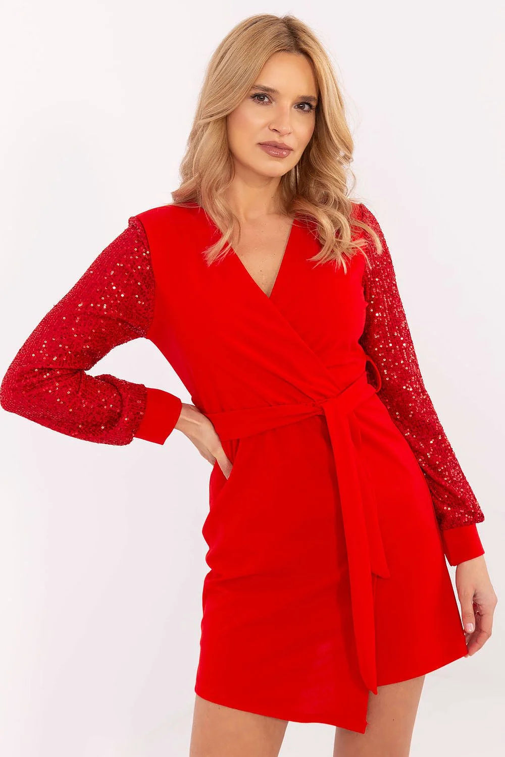 Robe courte Italy Moda élégante manches longues paillettes couleur rouge taille ajustable soirée fête