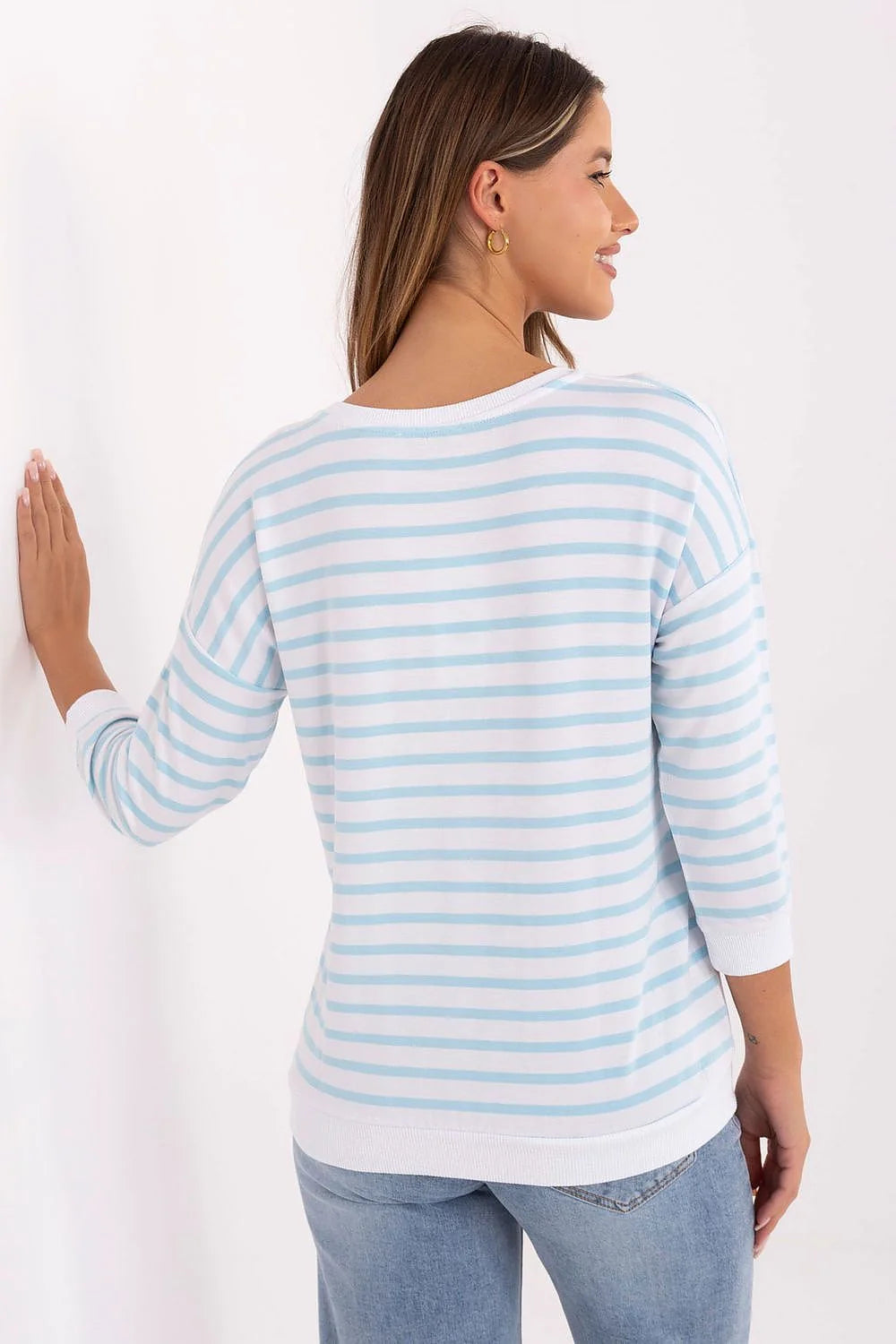 chemisier femme modal elasthanne doux mariniere rayures horizontales blanc bleu pastel encolure ronde manches longues coupe ample logo brodé
