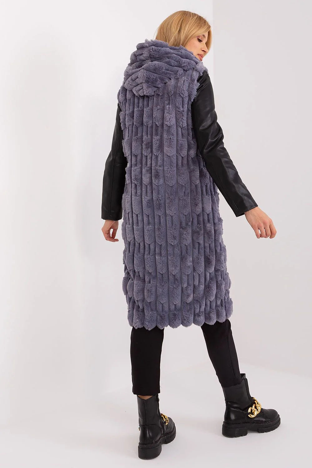 manteau féminin long midi fourrure synthétique gris violacé manches contrastantes simili cuir col montant fermeture éclair capuche poches verticales texturées