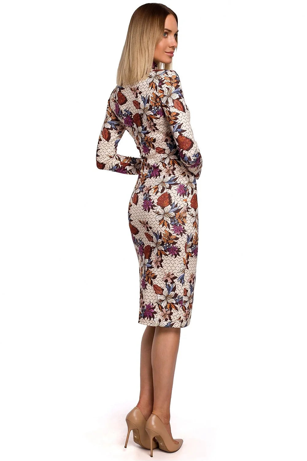 robe ajustée midi fourreau cintrée col montant manches longues maille extensible jacquard géométrique multicolore bleu nuit bordeaux élégant sophistiquée