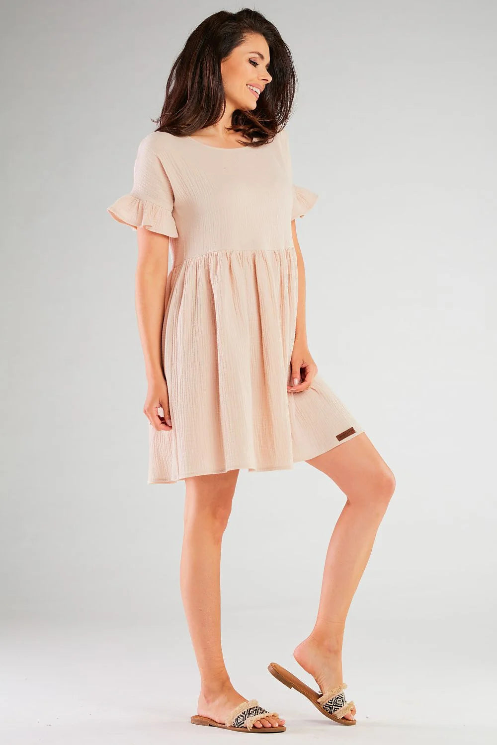 robe jour trapèze courte rose poudré gaufré coton élasthanne respirant manches courtes volantées encolure ronde babydoll