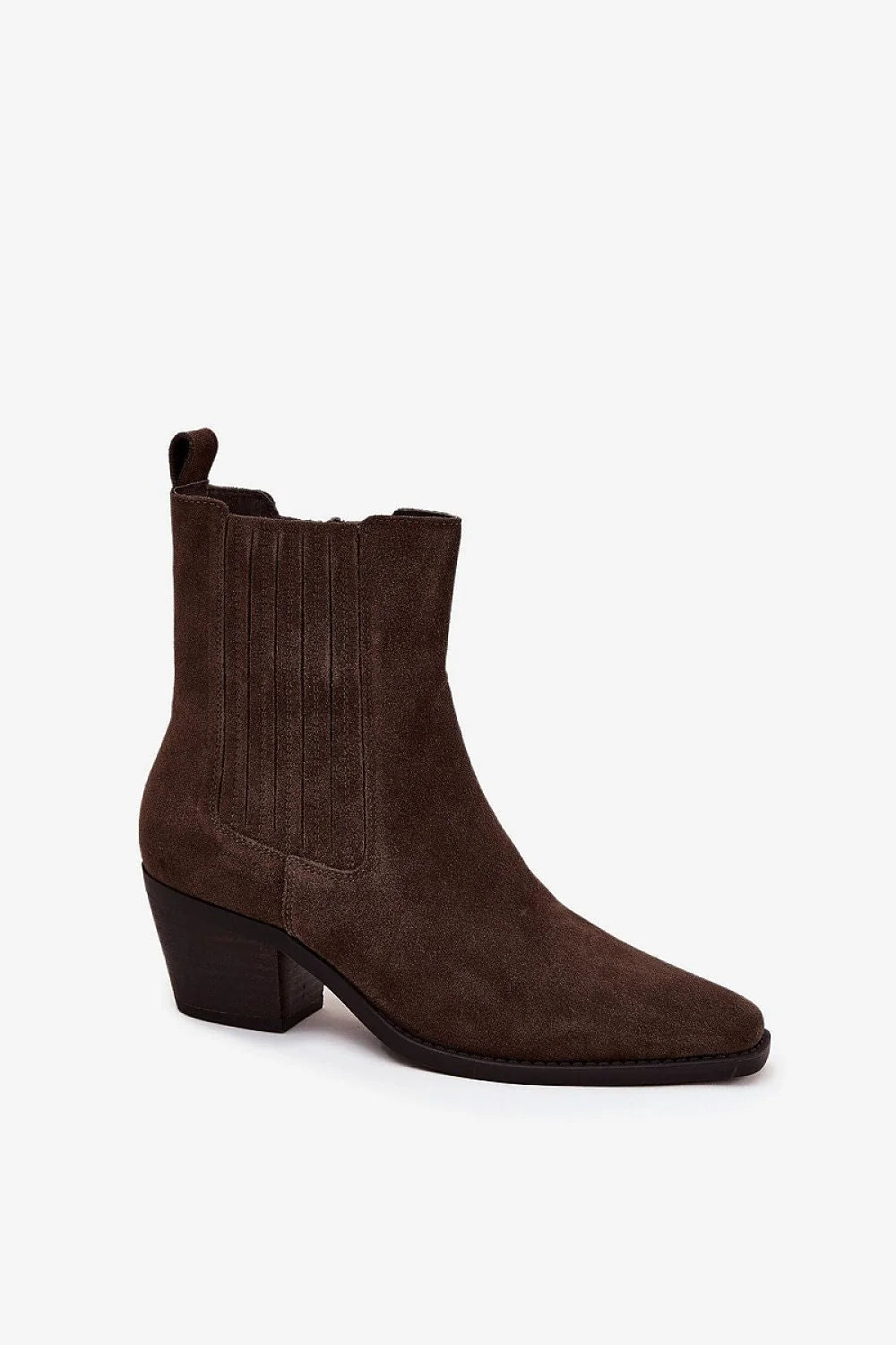 bottines daim marron foncé cheville western bout légèrement pointu talon bloc 6cm doublure fourrure synthétique fermeture éclair semelle contrastée