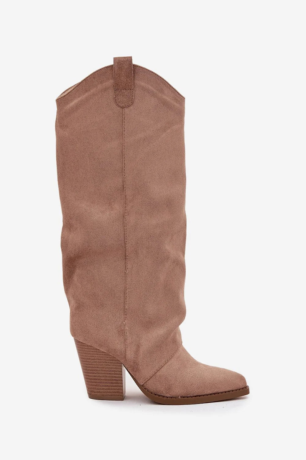 bottes femme cowboy western suédine écologique taupe rosé mi mollet tige droite bride maintien empiècement amande pointu talon bloc empilé