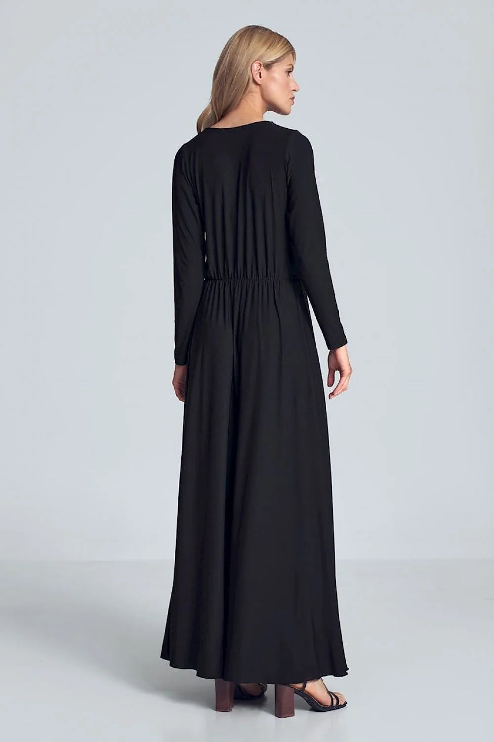 Robe longue jersey élégante manches longues col V croisé camel femme silhouette chic et confortable