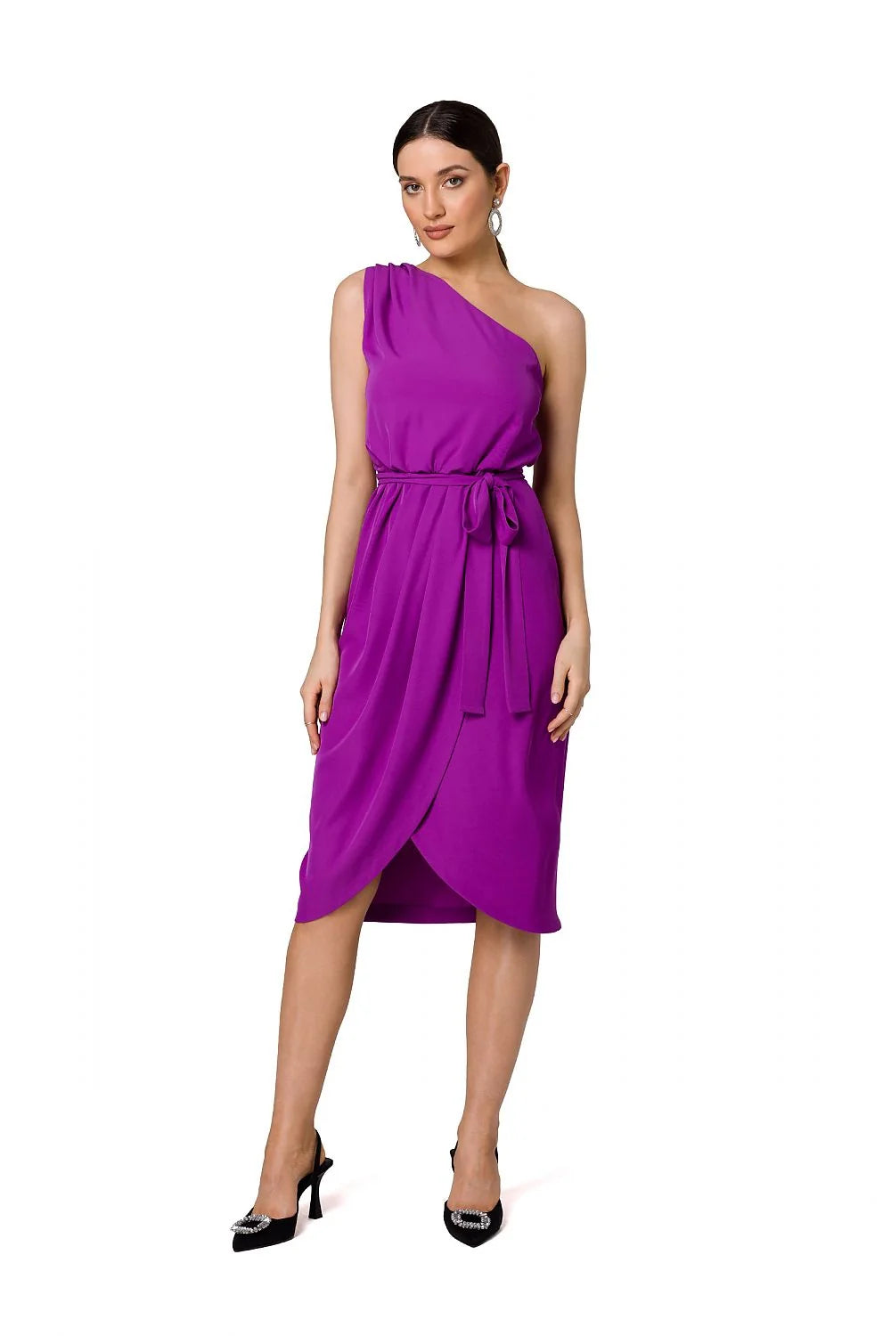 Robe de cocktail Makover asymétrique une épaule violet vif elasthanne polyester coupe midi ceinture intégrée silhouette flatteuse femme