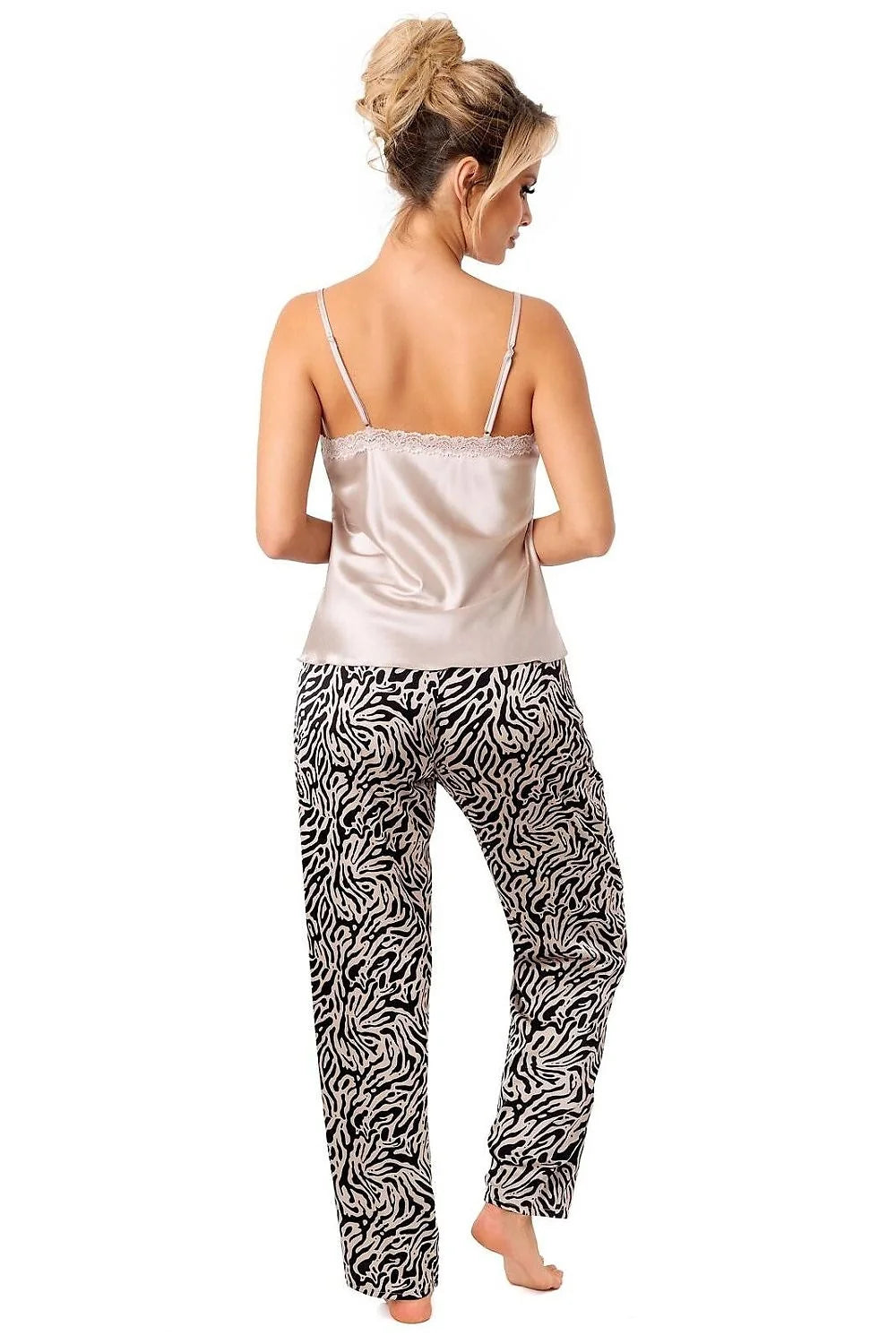 pyjama femme satin dentelle rose pâle débardeur bretelles fines décolleté pantalon ample zébré noir beige taille élastique cordon nœud élégant