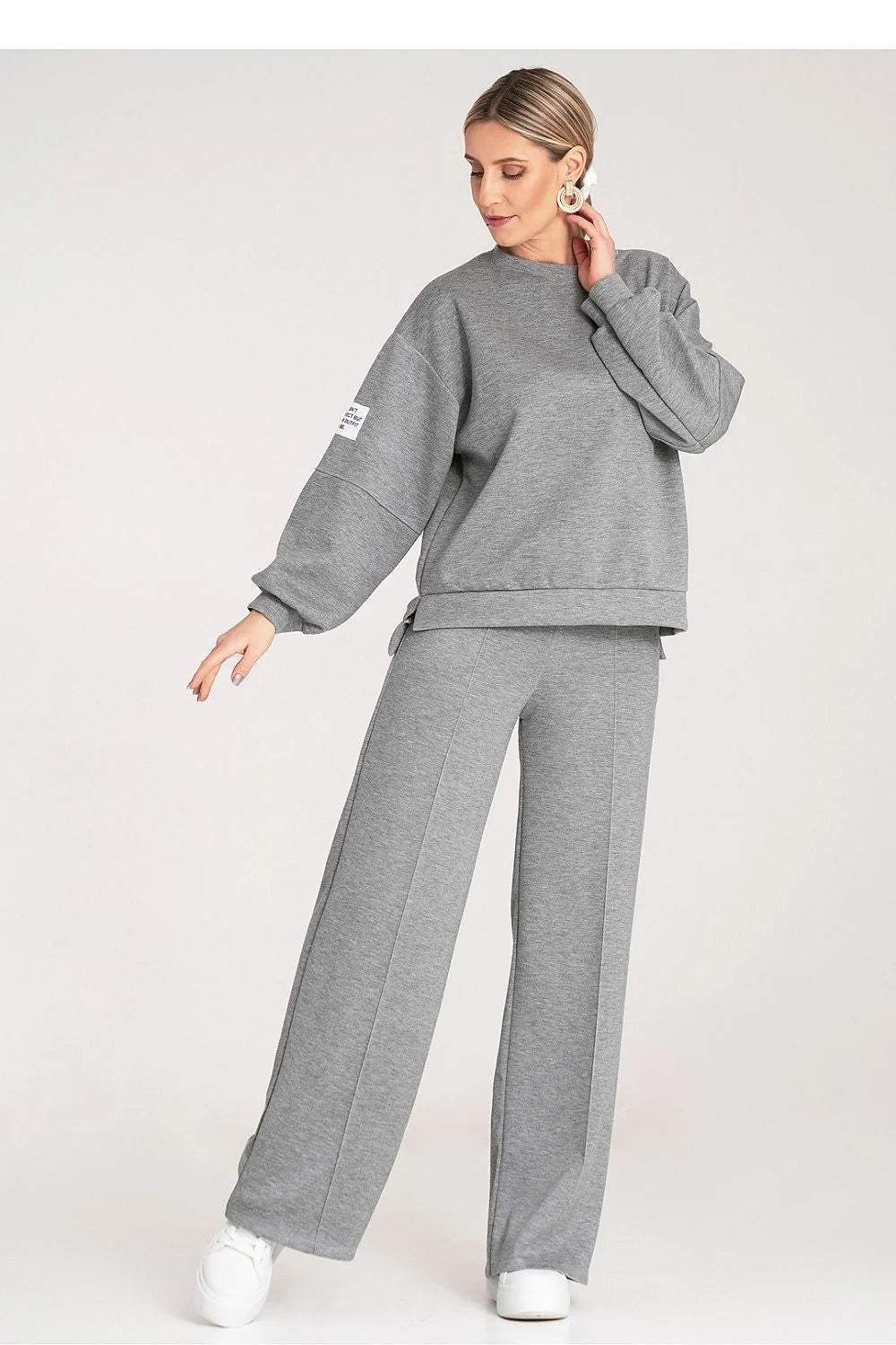ensemble loungewear survêtement deux pièces sweat oversize manches longues pantalon large taille élastique gris chiné molleton doux confortable