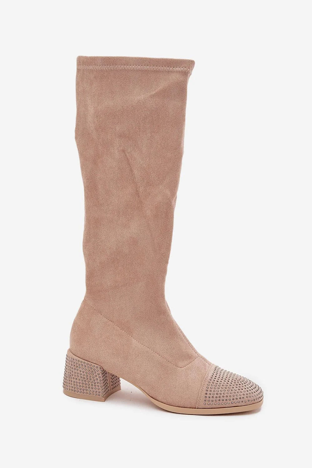 bottes suédine écologique beige mi mollet tige froncée extensible bout arrondi talon bloc zircons brillants doublure peluche confort