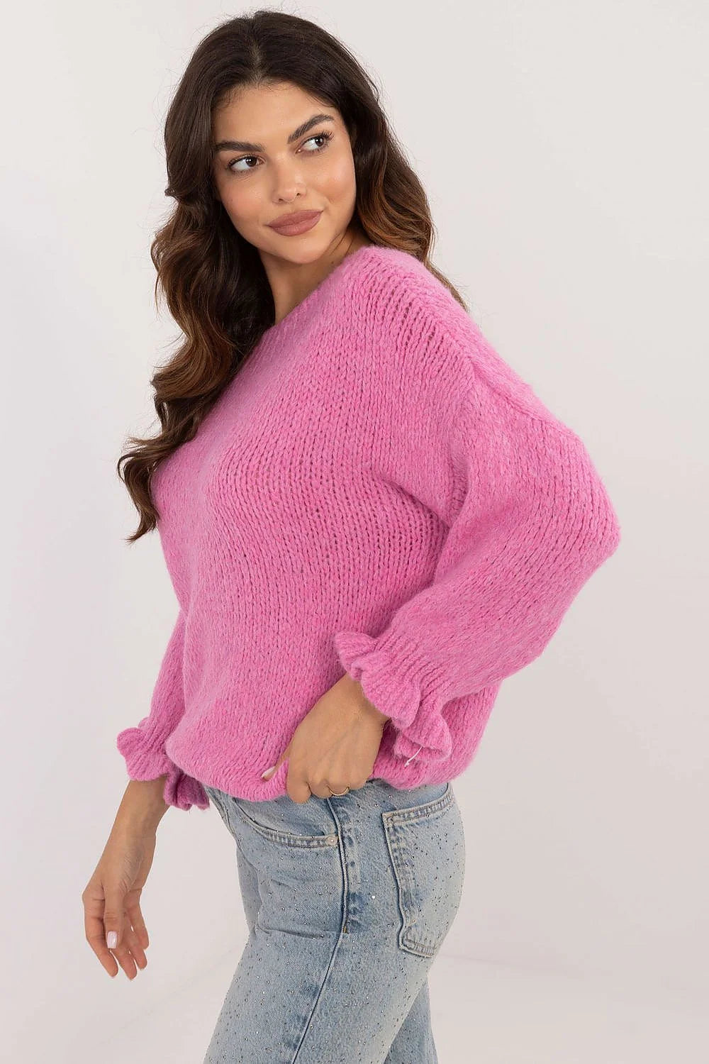 Sweater Casual Feminine Long Sleeve Puffed Cuffs Pink Acrylic Wool Viscose Polyamide Women Italy Moda