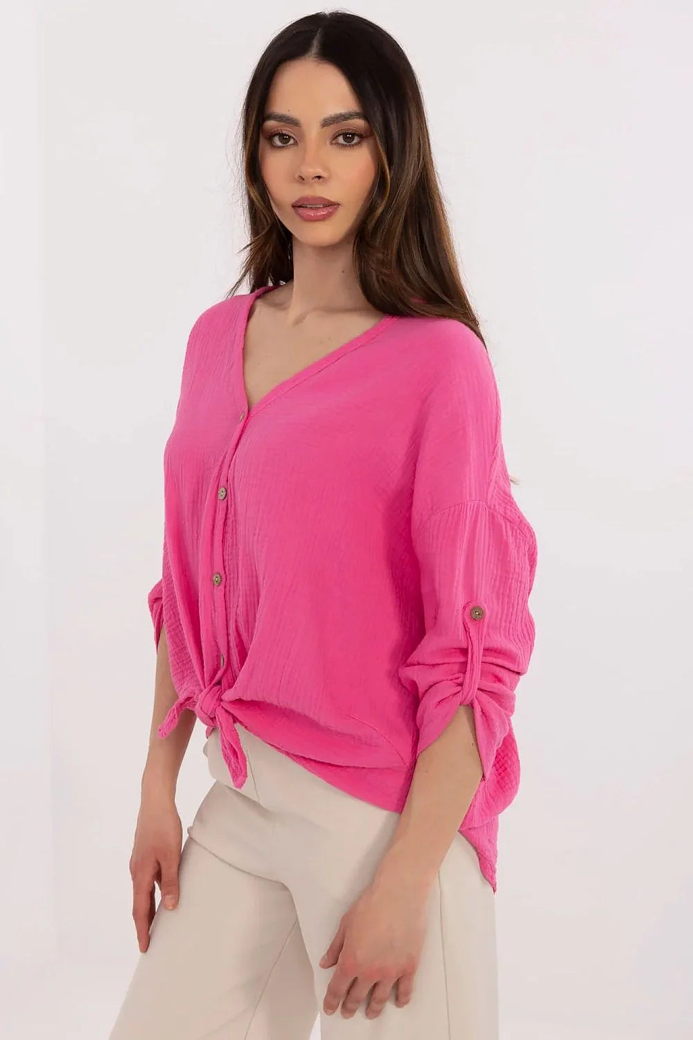 Chemise femme style décontracté élégant coton mousseline couleur rose vif col V manches longues retroussées nœud devant
