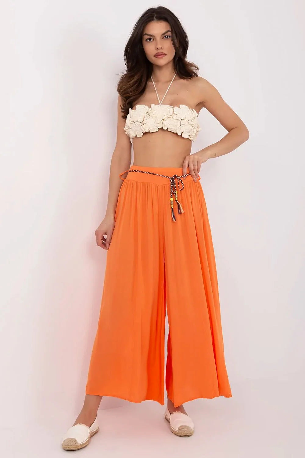 Pantalon femme palazzo viscose légère coupe ample taille haute ceinture nouable multicolore détails perles style estival confort femme