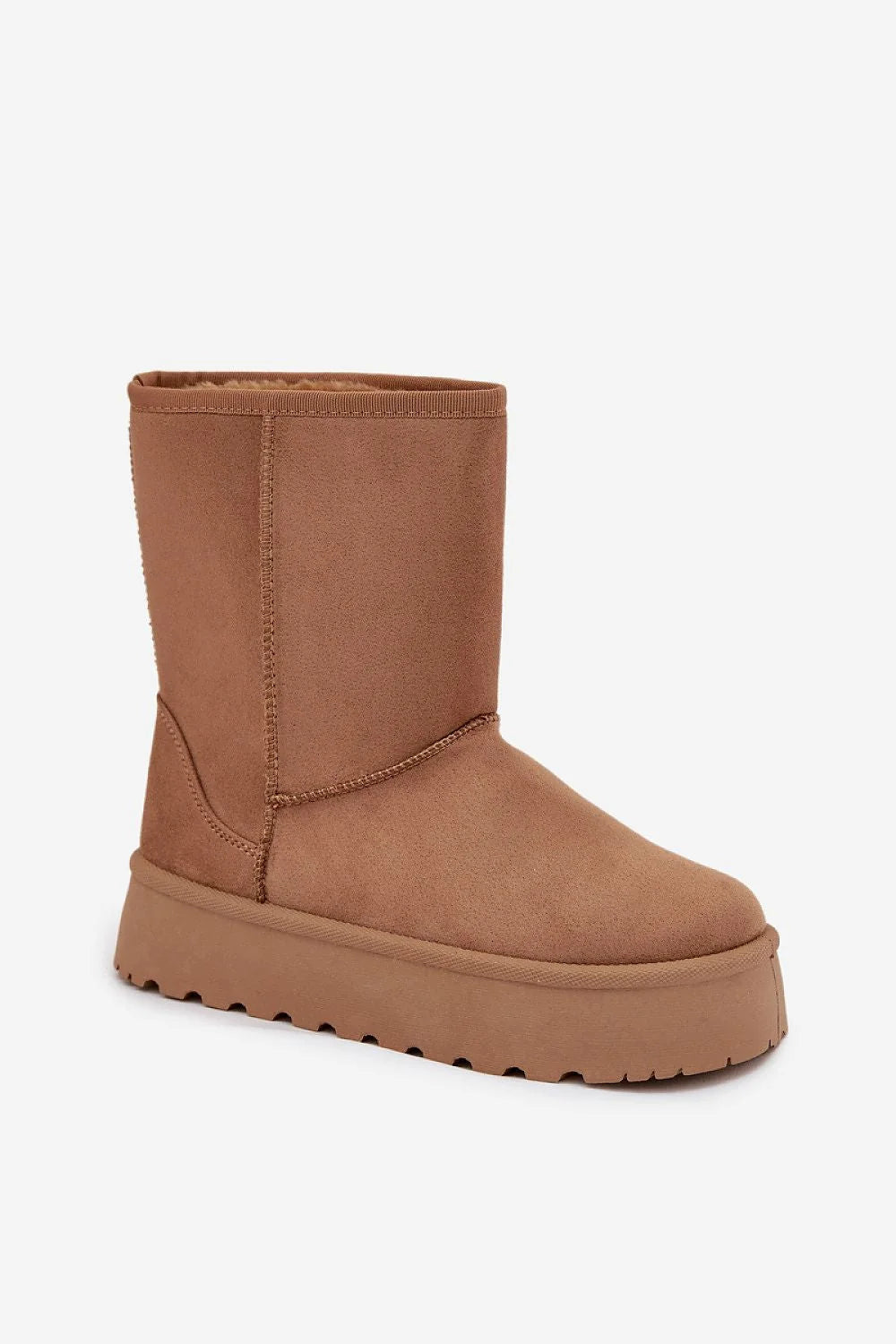 bottes neige femme mi mollet suédine camel doublure fourrure fausse épaisse semelle plateforme crantée caoutchouc antidérapante bout rond coutures apparentes