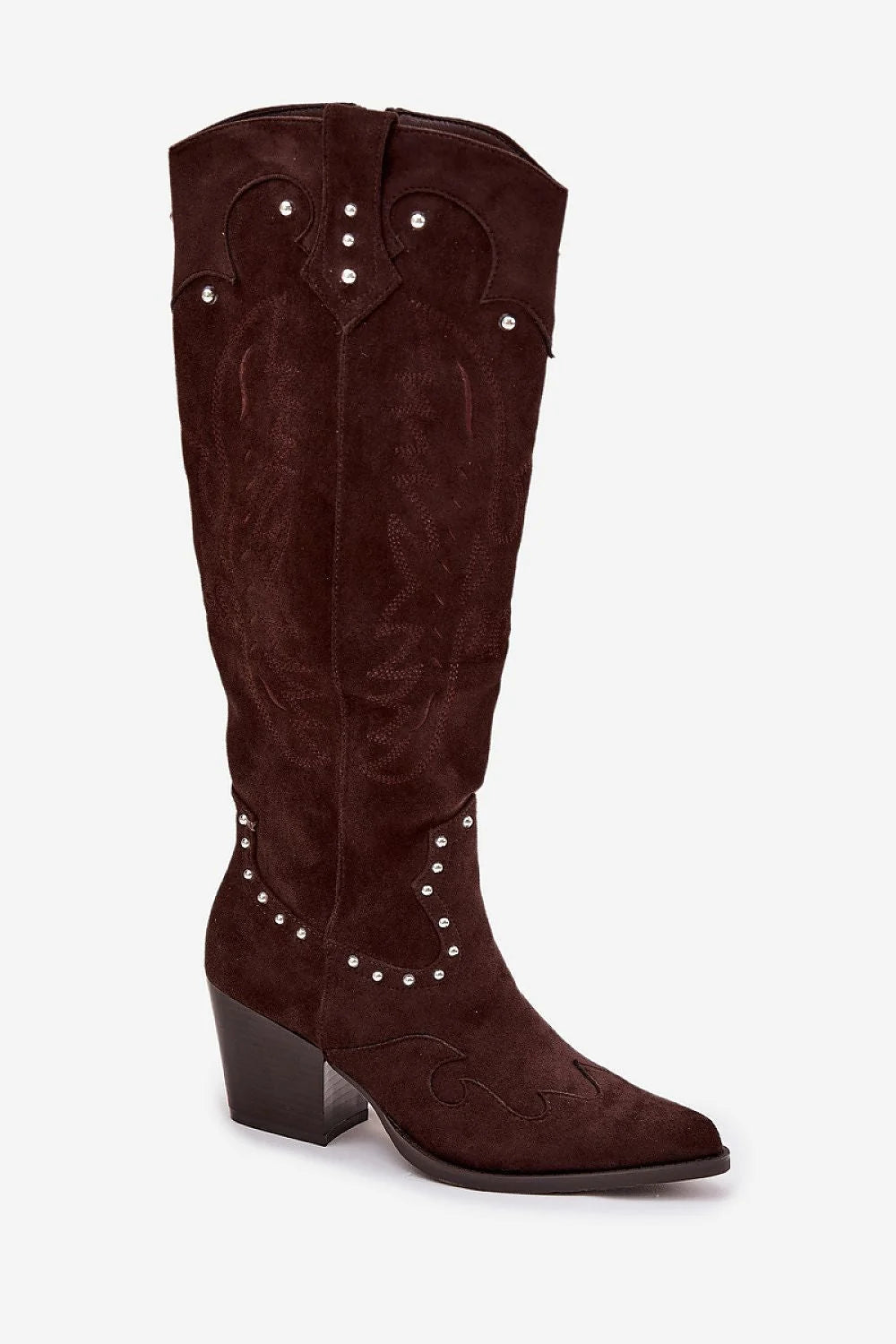 bottes western femme suédine écologique marron foncé hautes surpiqûres rivets argentés bouts pointus talon pilier moyen fermeture éclair latérale confortable