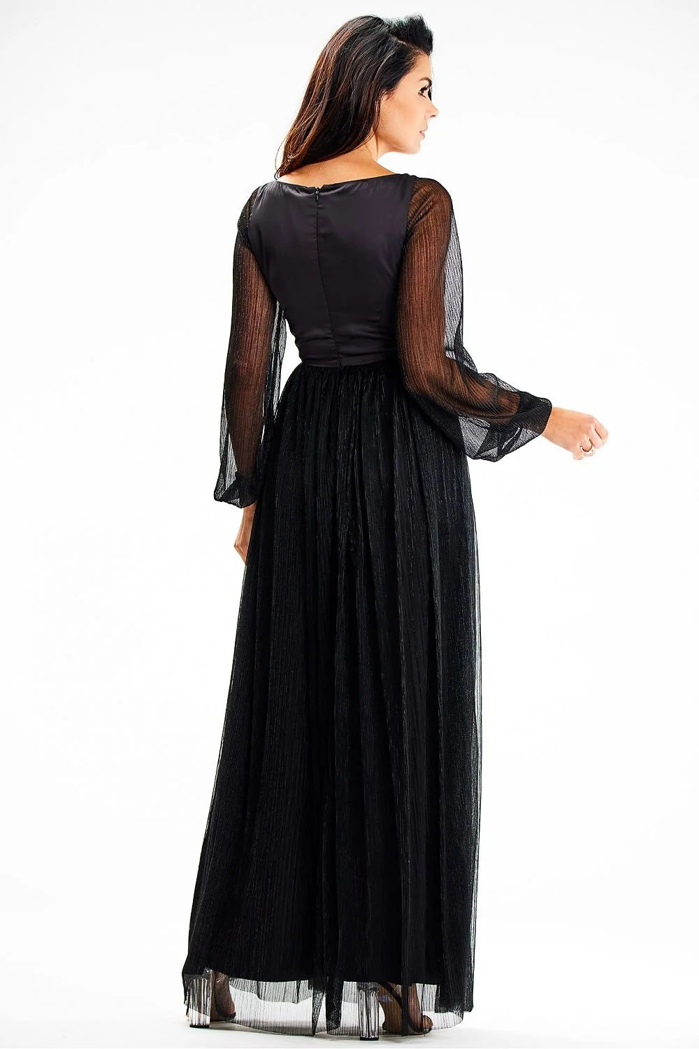 Robe de soirée élégante longue manches longues fente haute satin tulle noire femme mode