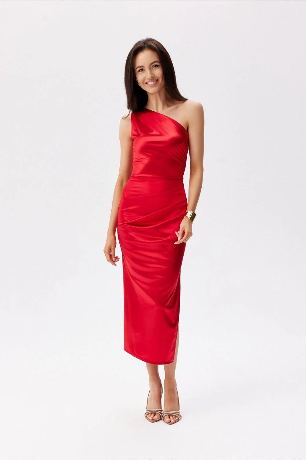 Robe de soirée élégante une épaule satin asymétrique fente jambe taille ajustable femme mode soirée