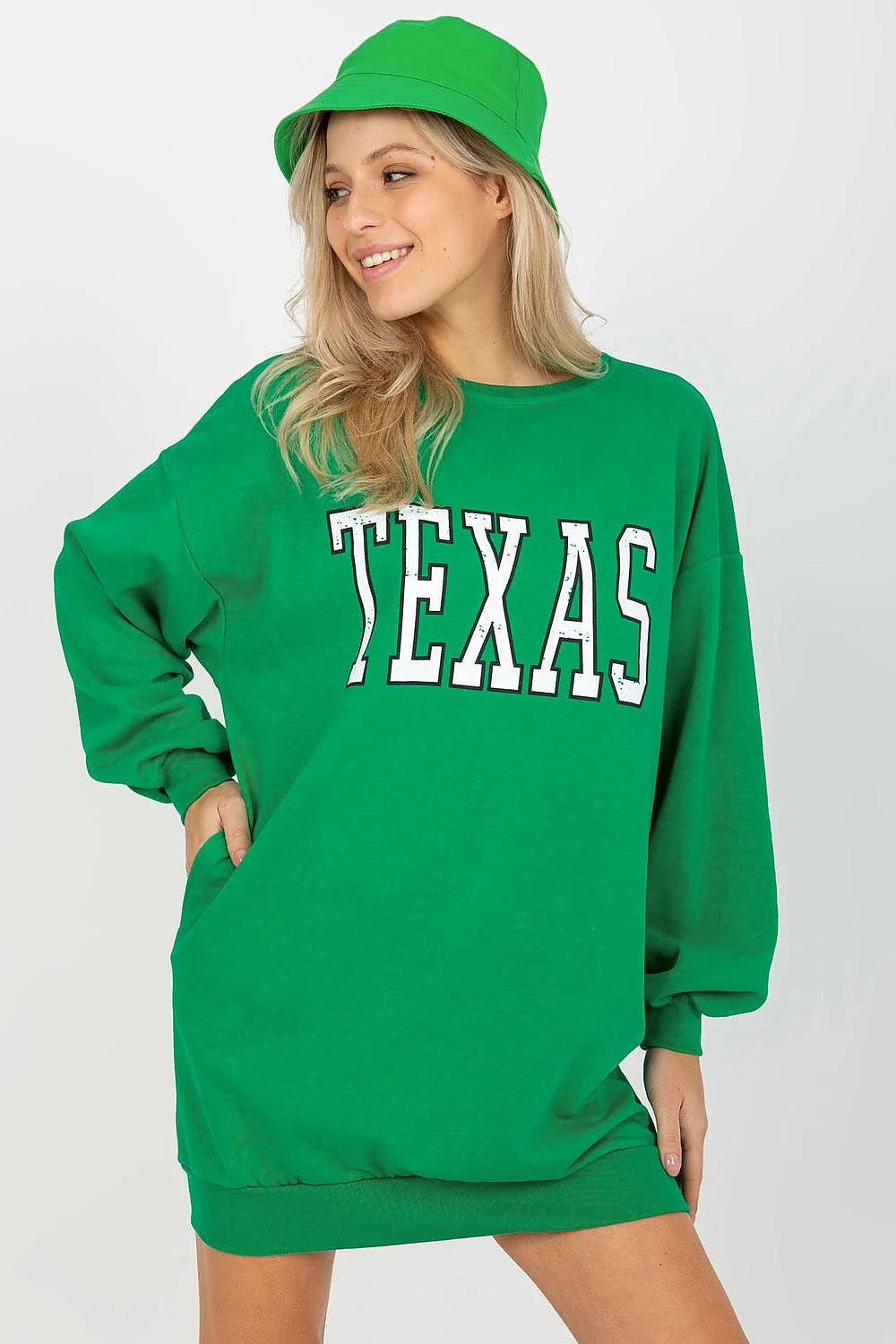 sweatshirt oversize femme long robe pull molleton doux vert émeraude lettrage blanc TEXAS college manches longues ballon poches latérales côtelés