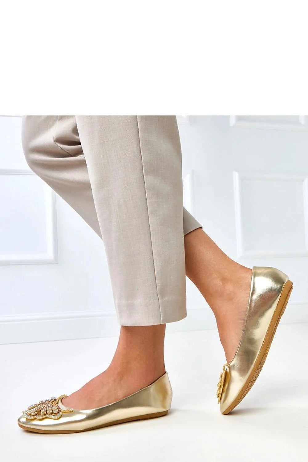 ballerines femme plates dorées métallisé similicuir bout rond semelle gomme coupe basse talon plat confortable papillon zircone brodé perles strass