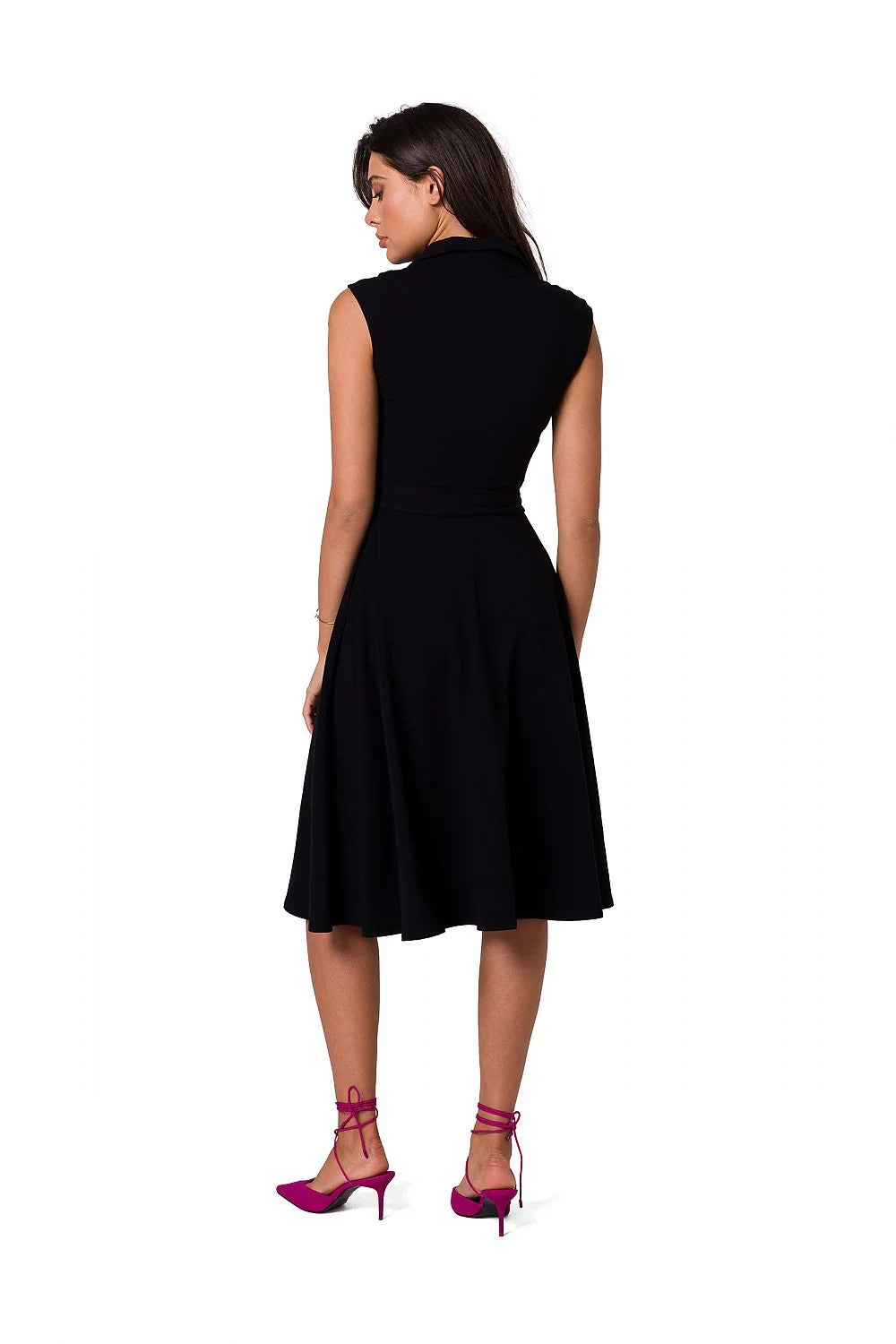 Robe de jour sans manches élégante verte vif ceinture assortie col chemise femmes coton elasthanne taille ajustable occasionnels