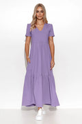 Robe de jour Makadamia en coton lavande style moderne coupe ample manches courtes col V fronces poches latérales femme