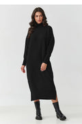 robe pull midi col roulé noir oversize manches longues coupe droite tricot viscose PBT nylon bords côtes fentes latérales polyvalente