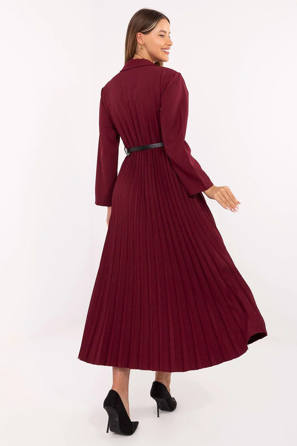 robe blazer midi bordeaux plissée haut croisé col tailleur manches longues jupe évasée plis fins taille cintrée ceinture fine noire