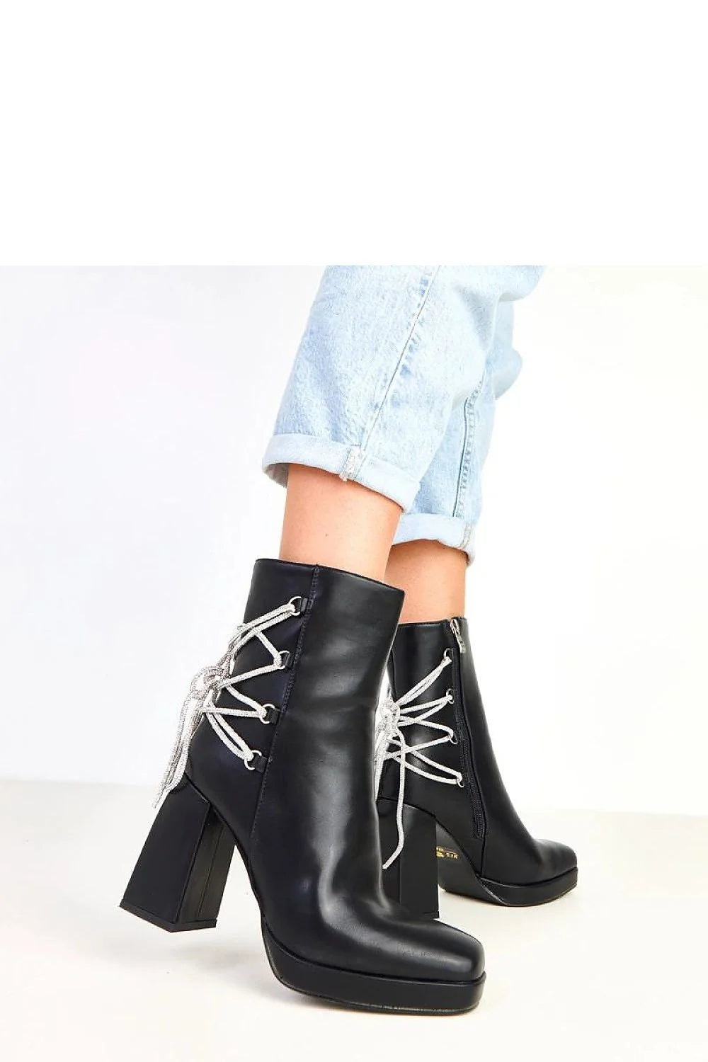 bottines femme noir cuir écologique bout rond tige cheville talon poteau haut 10cm plateforme 2cm lacets zircons arrière