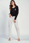Pyjama femme confortable intemporel élégance pyjama deux pièces haut manches longues pantalon motifs ours noire blanche coton